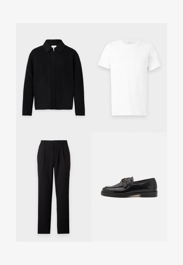 Chaqueta negra con cremallera, con cuello y mangas largas, con dos bolsillos delanteros, mostrada sobre un fondo claro y sencillo.; Camiseta blanca lisa de algodón, de manga corta y cuello redondo, mostrada estirada sobre un fondo gris claro.; Pantalones de vestir negros con un diseño de pierna recta, fabricados en un tejido suave. Presentan pliegues frontales y un cierre de botón en la cintura.; Mocasines de cuero negro con punta redonda y un acento decorativo de hebilla. Tacón plano y sólido, con una textura suave en todo el zapato.