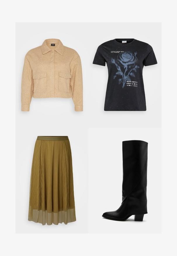 Vero Moda Curve VMMEGAN SHORT JACKET - Καλοκαιρινό μπουφάν - tigers eye/melange; ONLY Carmakoma CARMIKO WASHED SS REG TEE JRS - Μπλουζάκι με στάμπα - black; Πλιερισμένη φούστα σε ελιά πράσινο χρώμα με στερεή μέση και διάφανη κάτω στρώση. Διαθέτει κατακόρυφες πτυχώσεις σε όλο το μήκος της.; Ψηλή μαύρη δερμάτινη μπότα με κεκλιμένες ραφές, μυτερή μύτη και χοντρό μεσαίου ύψους τακούνι σε λευκό φόντο.