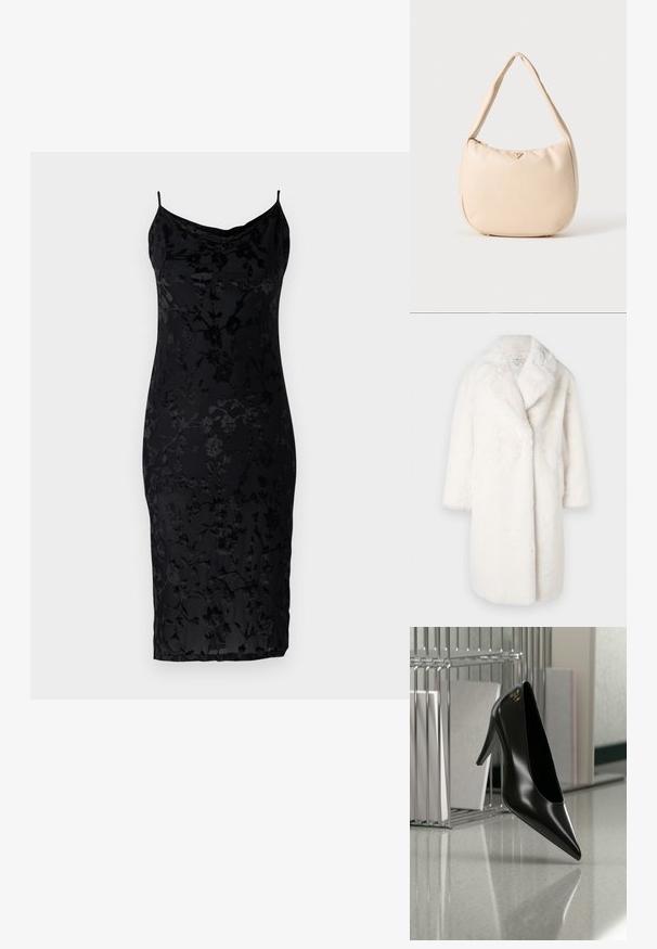 Hvid faux fur frakke med sjalskrave, oversized form og 3/4-ærmer. Blød tekstur uden synlige lukninger eller mønstre.; Sort tætsiddende kjole med blomstermønster, der har tynde stropper og en faldende halsudskæring. Fremstillet af glat stof med en struktureret overflade.; Sort højhælet sko med spids tå og guldlogo, placeret på en reflekterende overflade nær en krom trådfilholder med dokumenter.; Beige hobo taske lavet af glat syntetisk materiale, med en buet form, en enkelt håndtag og et diskret logo på forsiden. Lynlåslukning.