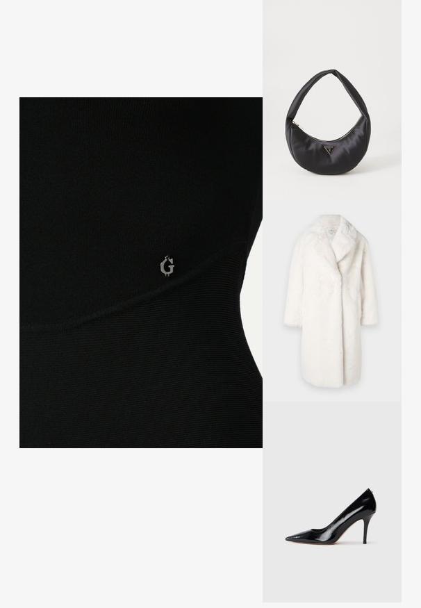 Abrigo de pelo sintético blanco con un cuello chal, forma oversized y mangas de tres cuartos. Textura suave sin cierres visibles ni patrones.; Top atlético negro con textura acanalada, que presenta un sutil logo plateado en el lateral y un diseño ajustado y elegante.; Zapato de salón de charol negro con tacón alto y punta afilada, con textura suave y tacón de aguja delgado. Sin herrajes visibles.; Bolso de satén negro con forma curva, que cuenta con un cierre de cremallera y un logo triangular en metal en la parte delantera. Textura suave y diseño elegante.