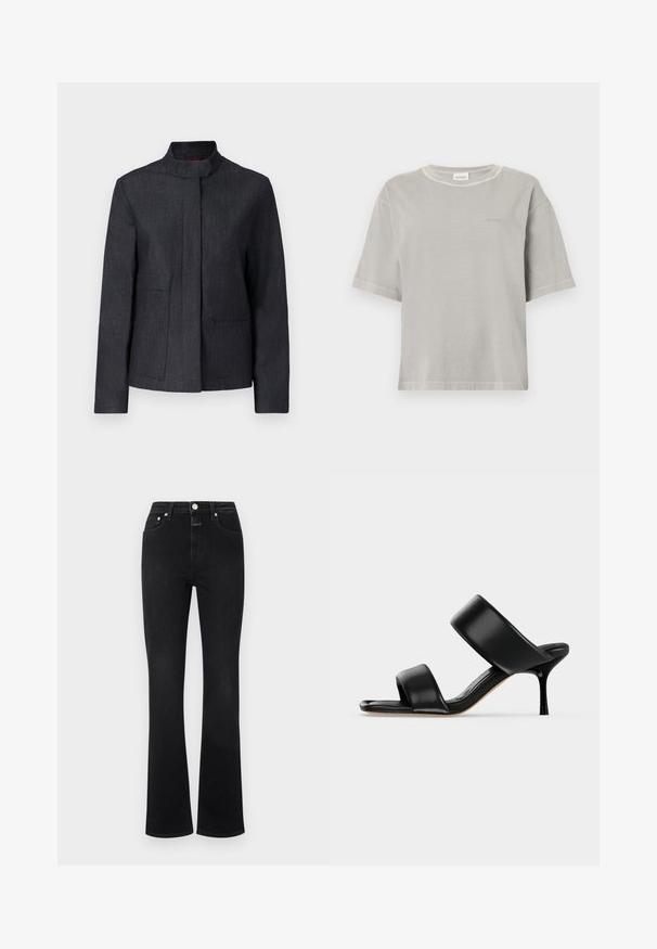 Dunkelgraue Jacke mit Stehkragen, zwei Fronttaschen und einem schlichten Design. Aus strukturiertem Stoff gefertigt und bietet einen minimalistischen Look.; CLOSED RELAXED - T-Shirt basic - mud grey; Schwarze, ausgestellte Jeans aus Denim mit hoher Taille, fünf Taschen, goldfarbener Hardware und glatter Textur.; Schwarze Leder-Mule-Sandale mit zwei breiten Riemen und einem schlanken, mittelhohen Stilettoabsatz auf einem schlichten hellen Hintergrund.