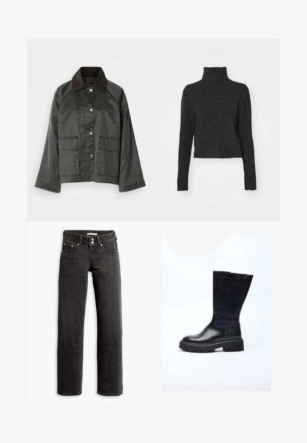 Front udsigt af en grå, letvægtsjakke med en mørkebrun krave, trykknapper og to store forlommer. Glat tekstur, afslappet design.; Sort cropped turtlenektrøje i et blødt, struktureret stof med lange ærmer og ribbede detaljer ved kraven og kanten.; Sorte straight-leg jeans med for- og baglommer, bæltestropper og dobbeltknaplukning i taljen.; Sorte læder knæhøje støvler med en chunky sål, designet med en glat tekstur, rund tå og minimalistisk silhuet.