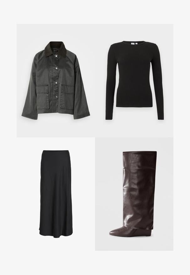 Front udsigt af en grå, letvægtsjakke med en mørkebrun krave, trykknapper og to store forlommer. Glat tekstur, afslappet design.; Sort ribbet langærmet crewneck-trøje med tætsiddende silhuet og GAP-mærke på indersiden af kraven.; Sort maxinederdel lavet af glat, letvægtsstof. Har en enkel A-formet silhuet med en let udvidet kant og ingen synlige lukninger.; Brun læder knæhøj støvle med en glat tekstur, spids tå, lav kilehælhøj samt en let krøllet finish.