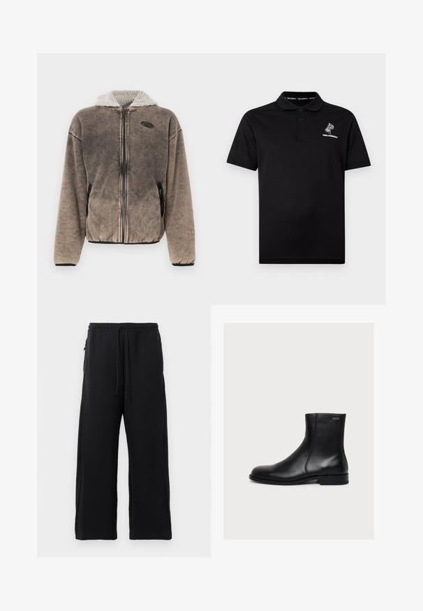 Brun lynlåsfleecejakke med en sherpa-forret hætte og sidelommer, med en lille sort logo-patch på venstre bryst.; Sort kortærmet polo med tre knapper og hvidt palmetræ-logo samt teksten "KARL LAGERFELD" på venstre bryst.; Sorte joggingbukser lavet af blødt stof, med snoretræk i livet, bred ben-design og sidelommer med en glat overflade.; Sort glat læderankelstøvle med lav hæl og sidelukning med lynlås, mærket Hugo nær den øverste kant.