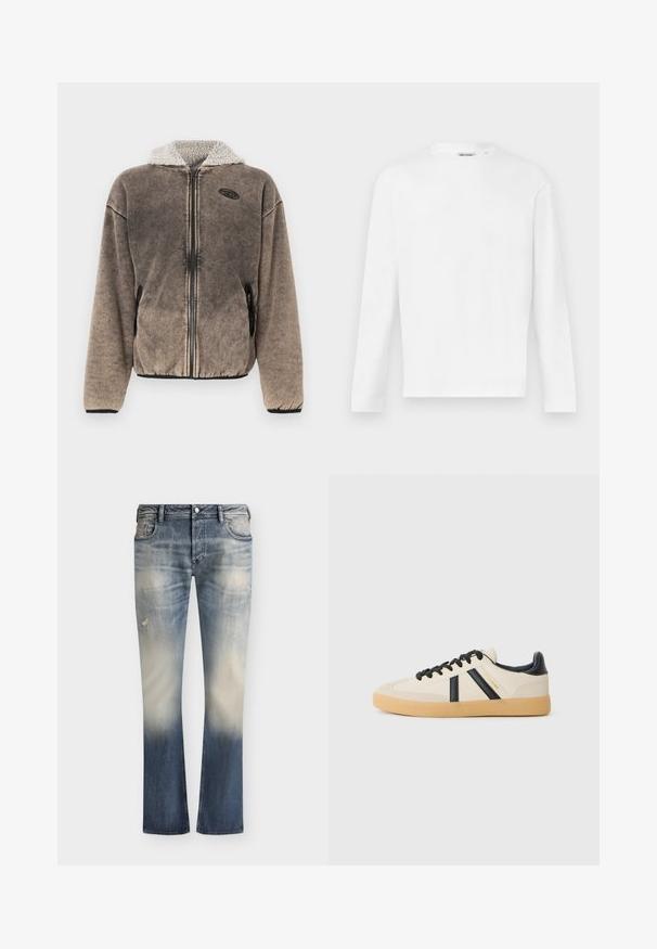 Veste en polaire marron zippée, avec une capuche doublée en sherpa et des poches latérales, dotée d'un petit écusson logo noir sur la poitrine gauche.; T-shirt blanc à manches longues avec col rond, coupe droite et design simple, présenté sur un fond clair.; Jean en denim bleu délavé avec des détails usés, poches avant, fermeture à boutons et coupe droite.; Baskets décontractées en crème avec des rayures noires, présentant un dessus texturé et une semelle en caoutchouc. Les lacets sont noirs. Logo discret sur le côté.