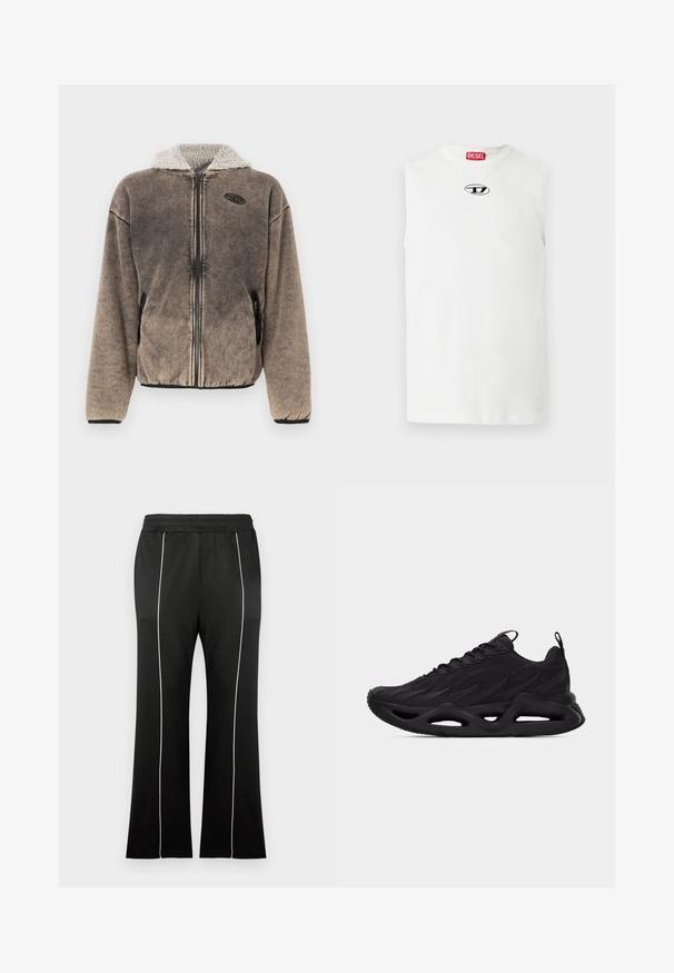 Veste en polaire marron zippée, avec une capuche doublée en sherpa et des poches latérales, dotée d'un petit écusson logo noir sur la poitrine gauche.; T-shirt blanc sans manches en coton, avec un col rond et un logo brodé en noir et bleu sur la poitrine.; Pantalon de sport noir avec une taille cintrée, doté de bandes blanches sur les côtés et d'une coupe évasée aux jambes. Fabriqué en tissu doux et extensible.; Baskets athlétiques noires avec tige texturée, design à lacets, languettes de traction sur la languette et le talon, et semelle sculptée avec détails évidés.