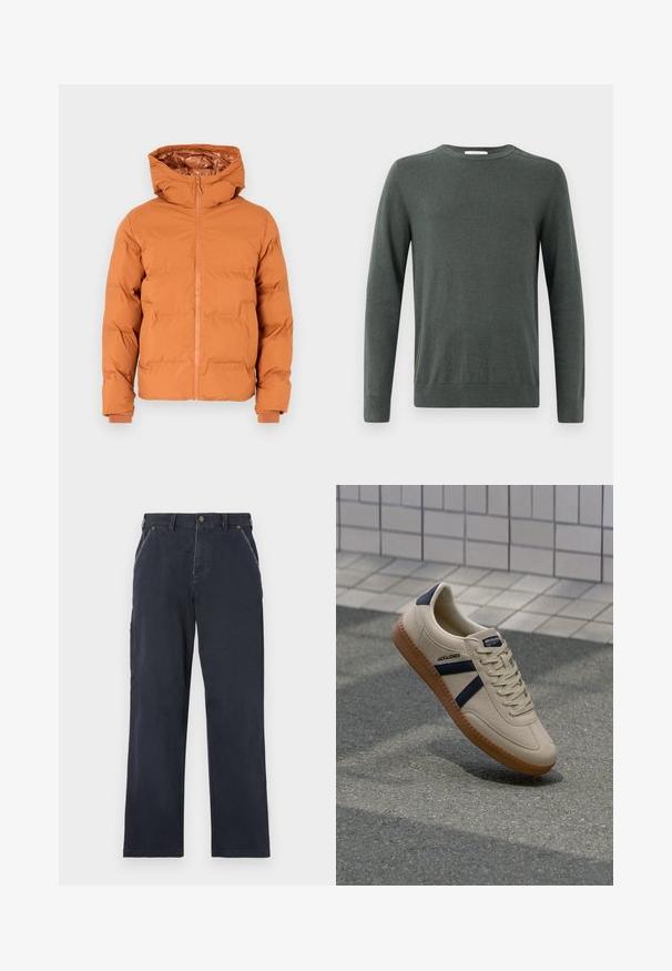 Chaqueta tipo abrigo en color naranja quemado, con capucha, cremallera frontal y puños elásticos. Exterior liso y diseño acolchado para aislamiento.; Suéter de manga larga verde oscuro, hecho de un tejido suave y texturizado, con cuello redondo y puños y dobladillo acanalados. Diseño simple y clásico.; Pantalones de algodón azul marino con un diseño de pierna recta. Cuenta con bolsillos delanteros, cierre de botón y detalles de costura visibles.; Zapatilla beige con acabado texturizado, rayas azul marino y suela de goma. Presenta una lengüeta acolchada y un sistema de cordones tradicional para un ajuste seguro.