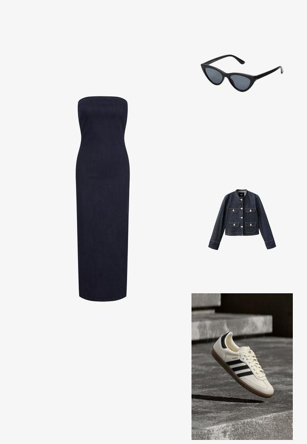 Donkerblauwe spijkerjas met lange mouwen, ronde kraag, vier voorzakken met klep en beige knopen, en een knoopsluiting aan de voorkant.; Strapless, nauwsluitende maxidress van donkerdenim, met een rechte silhouet en een zachte textuur zonder zichtbare sluitingen of versieringen.; Witte Adidas Samba sneaker met zwarte strepen en gumzool, zwevend boven gestructureerde grijze betonnen treden.; Zwarte cat-eye zonnebril met donkergrijze lenzen, slank plastic frame, puntige hoeken en rechte pootjes. Geen zichtbare hardware of accenten.