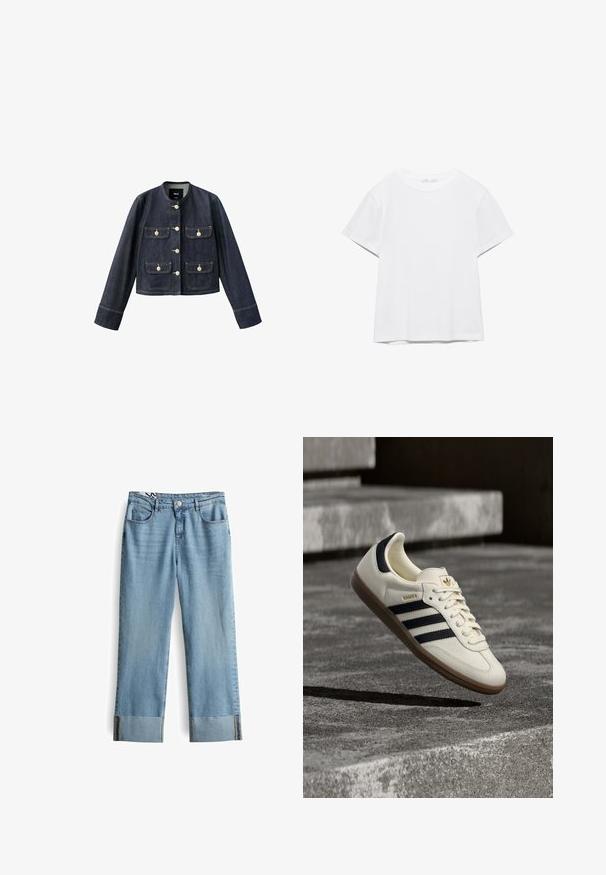 Donkerblauwe spijkerjas met lange mouwen, ronde kraag, vier voorzakken met klep en beige knopen, en een knoopsluiting aan de voorkant.; Effen wit T-shirt met korte mouwen en ronde hals, met een rechte zoom, gepresenteerd tegen een witte achtergrond.; Lichtblauwe spijkerbroek met een rechtotige snit, voorzien van een knoopsluiting, vijf zakken en wijde omgeslagen benen.; Witte Adidas Samba sneaker met zwarte strepen en gumzool, zwevend boven gestructureerde grijze betonnen treden.