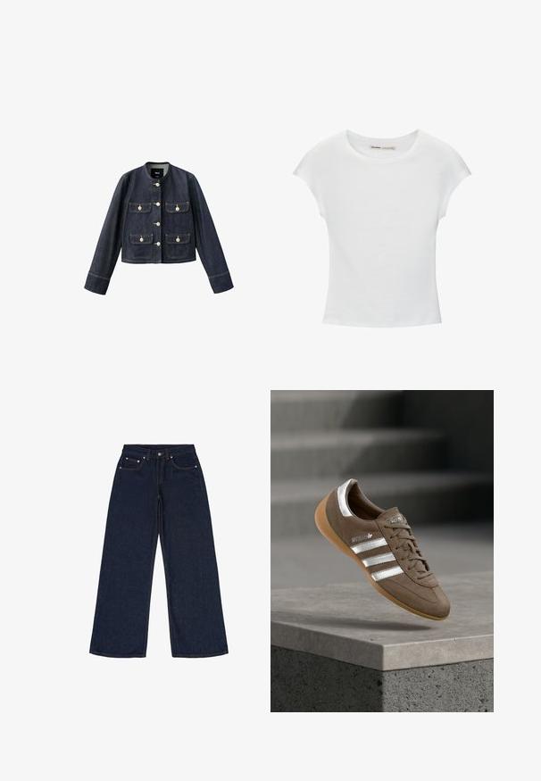 Donkerblauwe spijkerjas met lange mouwen, ronde kraag, vier voorzakken met klep en beige knopen, en een knoopsluiting aan de voorkant.; Witte katoenen T-shirt met korte, opgerolde mouwen, een ronde halslijn en een rechte zoom. Gladde textuur zonder zichtbare patronen of accenten.; Donkerblauwe wijde spijkerbroek van denim. Kenmerken zijn vijf zakken, riemlussen en contrasterende oranje lijnen. Geen patronen of versieringen.; Bruine suède sneaker met witte strepen en zilveren accenten, voorzien van een getextureerde bovenkant, vetersluiting en een zool van gumrubber.