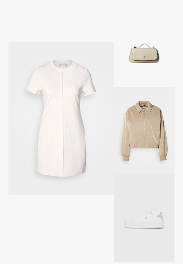 Beige, glanzende pufferjack met een kraag, een rits aan de voorkant en elastische manchetten. Beschikt over een cropped ontwerp en een soepele textuur.; Calvin Klein Jeans MILANO T SHIRT DRESS - Jerseyjurk - tofu; Witte canvas sneakers met een dikke witte zool, voorzien van een metallic zilveren accent op de hiel en een subtiel logo detail aan de zijkant.; Kleine beige leren handtas met bovenhandvat en zilveren CK-logo op de voorflap, getoond tegen een witte achtergrond.