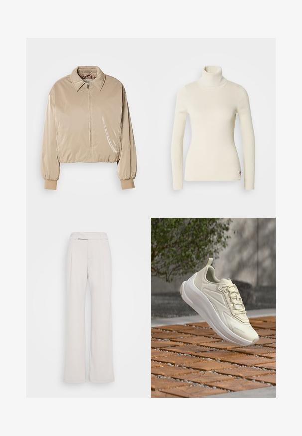 Beige, glänzende Pufferjacke mit Kragen, Frontreißverschluss und elastischen Bündchen. Verfügt über ein kürzer geschnittenes Design und eine glatte Textur.; Cremfarbener Rollkragenpullover aus geripptem Stoff. Hat lange Ärmel, eine taillierte Passform und ein kleines Logo am Saum. Weiche Textur.; Weite Hosen aus hellbeige Stoff mit einem enganliegenden Bund, vorderen Falten und einer glatten Textur. Lässiges Design, ohne sichtbare Muster oder Beschläge.; Hellbeiger Calvin Klein Sneaker mit dicker weißer Sohle, der über einer gemusterten Holzoberfläche schwebt, mit unscharfen grünen Blättern im Hintergrund.