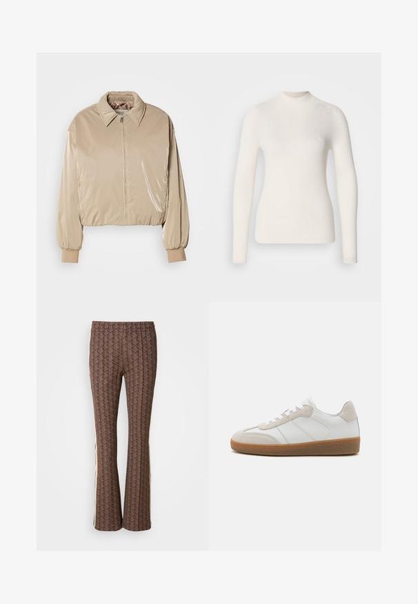 Beige, glänzende Pufferjacke mit Kragen, Frontreißverschluss und elastischen Bündchen. Verfügt über ein kürzer geschnittenes Design und eine glatte Textur.; Weißes, geripptes Langarmoberteil mit hohem Halsauschnitt. Hat eine taillierte Form und ein dezentes Logo-Detail auf der Brust. Glatte Textur.; Braun gemusterte Schlaghosen mit strukturiertem Design und seitlichen Streifen. Elastischer Bund für zusätzlichen Komfort.; Weiße Leder-Sneaker mit beige Suede-Akzenten, strukturiertem Zungenbereich und Gummisohle. Verfügt über weiße Schnürsenkel und dezente eingestickte Details.