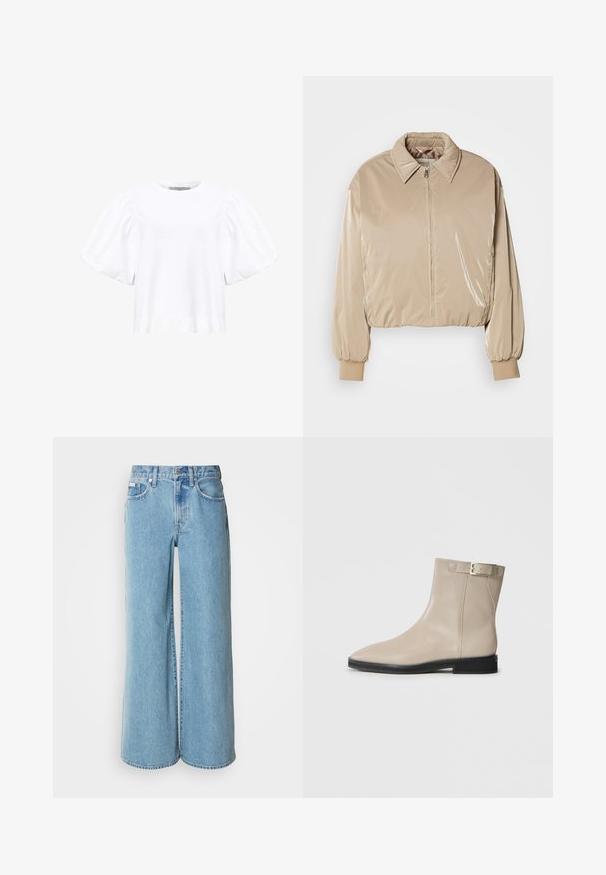 Doudoune beige, brillante, avec col, fermeture éclair frontale et poignets élastiques. Elle présente un design court et une texture lisse.; AllSaints JESS TEE - Blouse - optic white; Jean large bleu clair en denim, avec une taille haute, un design à cinq poches et un léger dégradé sur le tissu.; Bottes en cuir beige à la cheville avec un bout pointu, semelle noire, talon bas et une sangle à boucle dorée sur le côté externe, présentées sur un fond blanc.