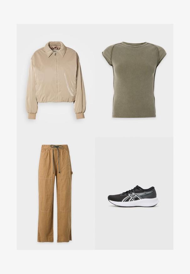 Beige, blank pufferjakke med krave, forreste lynlås og elastiske manchetter. Har et cropped design og en glat tekstur.; Kortærmet olivengrøn ribstrikket top med rund halsudskæring og let strukturerede skuldre mod en ensartet lys baggrund.; Lysebrune bukser med lige ben, elastisk linning og mørk snor, forlommer og synlige sømdetaljer.; Sorte atletiske sko med en tekstureret mesh-overdel, hvide accenter og en polstret hvid sål. Har et logo på siden og snørebånd.