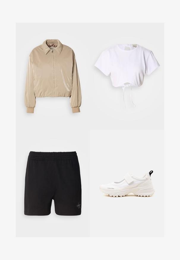 Beige, glanzende pufferjack met een kraag, een rits aan de voorkant en elastische manchetten. Beschikt over een cropped ontwerp en een soepele textuur.; Witte cropped t-shirt gemaakt van gladde stof. Heeft een ronde halslijn, korte mouwen en een trekkoord onderaan voor aanpassing.; Zwarte katoenen shorts met een elastische tailleband en het Calvin Klein-logo in zilver in de rechteronderhoek. Gladde textuur.; Witte Calvin Klein sportschoen met dikke zool en klittenbandsluiting, laag model en zwarte treklip aan de hiel.