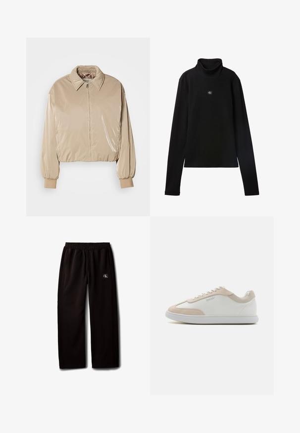 Beige, blank pufferjakke med krave, forreste lynlås og elastiske manchetter. Har et cropped design og en glat tekstur.; Sort ribstrikket bluse med lange ærmer og lille firkantet Calvin Klein-logo placeret centralt på brystet.; Sorte vidde bukser med elastisk taljebånd og sidelommer, med en lille Calvin Klein-logo patch på højre lår.; Hvide lædersneakers med beige ruskindsdetaljer og hvide snøringer. Har en rund tå og en polstret sål for komfort.