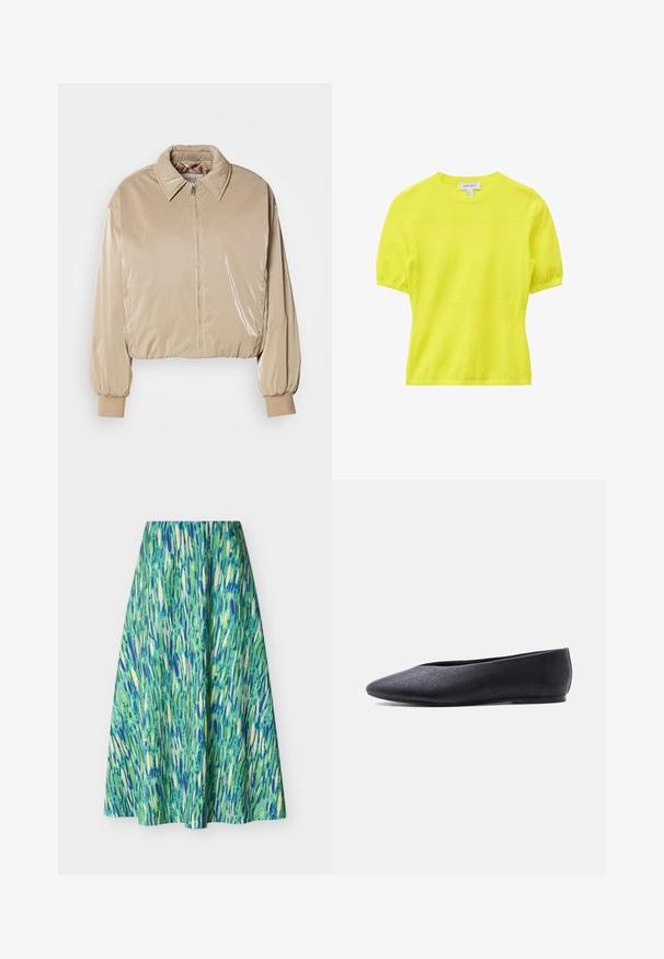 Doudoune beige, brillante, avec col, fermeture éclair frontale et poignets élastiques. Elle présente un design court et une texture lisse.; Haut jaune à manches courtes en maille avec encolure ras-du-cou et poignets côtelés, présenté sur un fond blanc.; Jupe midi évasée avec motif abstrait de coups de pinceau dans des nuances de vert, bleu et crème sur fond blanc.; Chaussure de ballet plate noire à bout pointu avec un motif perforé subtil, vue de côté sur fond blanc uni.