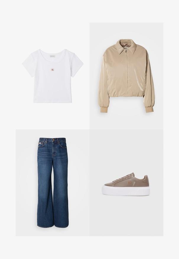 Beige, glanzende pufferjack met een kraag, een rits aan de voorkant en elastische manchetten. Beschikt over een cropped ontwerp en een soepele textuur.; Witte korte mouw crop top met ronde hals en klein vierkant Calvin Klein Jeans-logo patch middenvoor.; Wijdvallende jeans van donkerblauwe denim. Kenmerken zijn een hoge taille, vijf zakken en contrasterende oranje stiksels langs de naden.; Beige leren sneaker met een ronde neus, witte plateauzool en bruine veters. Beschikt over een klein logo aan de zijkant. Minimalistisch ontwerp.