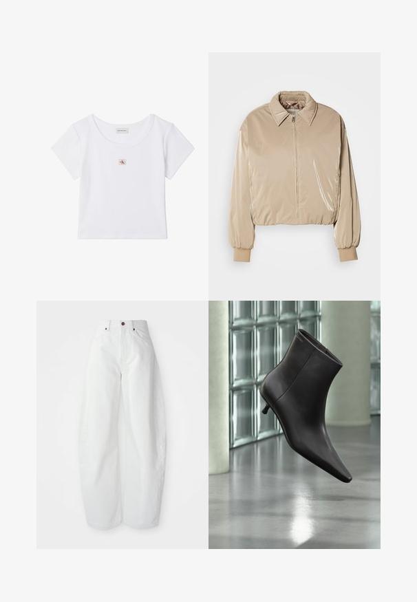 Beige, blank pufferjakke med krave, forreste lynlås og elastiske manchetter. Har et cropped design og en glat tekstur.; Hvid cropped t-shirt med korte ærmer, rund halsudskæring og lille firkantet Calvin Klein Jeans-logo på midten foran.; Højtaljede hvide denimbukser med løs pasform. Har en knaplukning, sidelommer og et minimalistisk design. Glat tekstur.; Sort læderankelstøvle med spids tå og lille hæl vist mod en væg af glasblokke og poleret gulv baggrund.