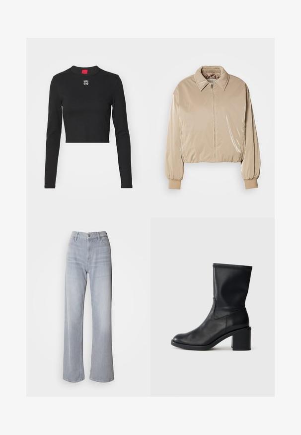 Doudoune beige, brillante, avec col, fermeture éclair frontale et poignets élastiques. Elle présente un design court et une texture lisse.; Top court à manches longues noir en tissu lisse, avec un col rond et un logo "HUGO" blanc au centre de la poitrine.; Jean large gris clair à taille haute, en denim. Doté de poches avant, d'une fermeture éclair et d'un léger délavage sur l'ensemble.; Botte en cuir noir à cheville avec un bout rond, texture lisse et un talon épais, présentant un tige ajustée et un subtil détail de couture.