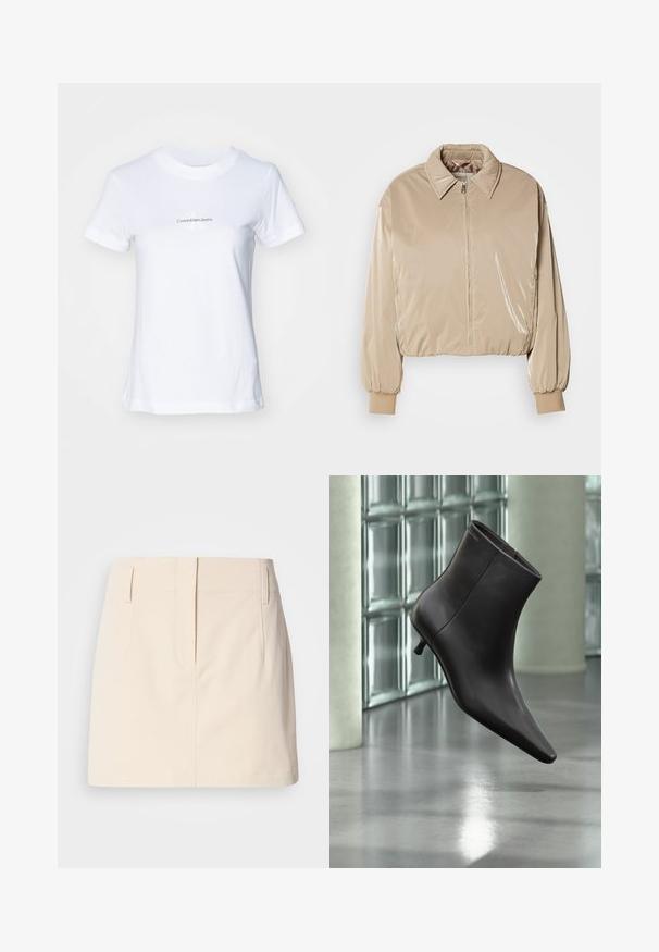 Beige, glänzende Pufferjacke mit Kragen, Frontreißverschluss und elastischen Bündchen. Verfügt über ein kürzer geschnittenes Design und eine glatte Textur.; Weißes Baumwoll-T-Shirt mit Rundhalsausschnitt, kurzen Ärmeln und einem Frontdruck in blauer Schrift: "CalvinKleinJeans" mit einem stilisierten "K"-Logo.; Calvin Klein Jeans SKIRT - A-Linien-Rock - fog; Schwarzer Leder-Knöchelstiefel mit spitzer Spitze und kleinem Absatz vor einer Wand aus Glasbausteinen und einem polierten Boden.