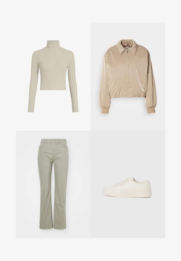 Chaqueta de plumas beige y brillante con cuello tipo camisa, cremallera frontal y puños elásticos. Presenta un diseño corto y una textura suave.; Top de manga larga de cuello alto en color beige claro con un diseño ajustado. Presenta una etiqueta de logo sutil en el dobladillo. Textura suave.; Pantalones de talle alto en verde claro, con corte recto. Cuentan con bolsillos clásicos y un cierre de botón metálico en la parte delantera. Textura de tela suave.; Zapatillas de lona color marfil, con un diseño de corte bajo, punta redonda y suela de goma plana con un sutil detalle de costura.