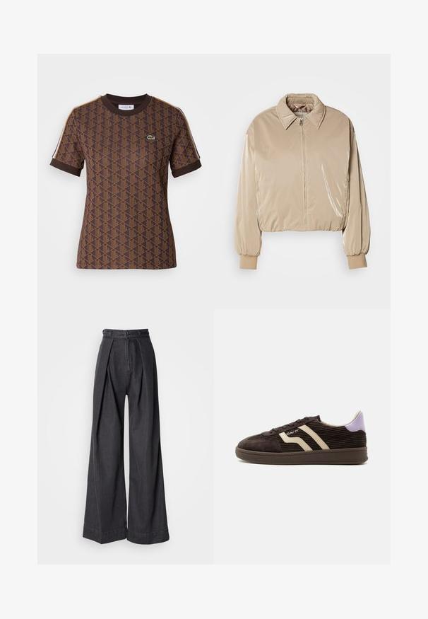 Beige, blank pufferjakke med krave, forreste lynlås og elastiske manchetter. Har et cropped design og en glat tekstur.; Brun kortærmet T-shirt med et geometrisk mønster i mørkere brunt, ribbet rund halsudskæring og kontrasterende skulderstriber. Lacoste-logoet er til stede.; Bredde ben sorte denimbukser med høj talje, der har frontfolder og en klassisk lynlås lukning. Sprød, glat tekstur med en ren finish.; Mørkebrun kordfløjls-sneaker med beige sidelommer, snøredesign, lilla hælflap og gummisål mod en hvid baggrund.