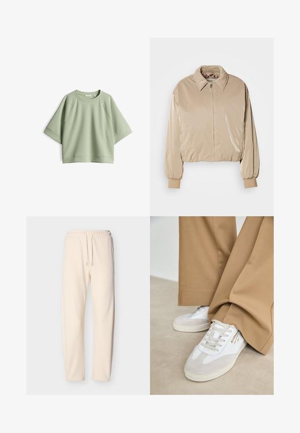 Beige, glänzende Pufferjacke mit Kragen, Frontreißverschluss und elastischen Bündchen. Verfügt über ein kürzer geschnittenes Design und eine glatte Textur.; Hellgrünes, oversized Sweatshirt mit Rundhalsausschnitt, Raglanärmeln und weicher Textur. Verfügt über einen gerippten Halsausschnitt und Saum.; Samtweiche, cremefarbene Jogginghose mit elastischem Bund und Kordelzug sowie zulaufenden Hosenbeinen. Ohne sichtbare Muster oder Akzente.; Weiße Sneakers mit Wildlederakzenten, strukturierten Schnürsenkeln und einer Gummisohle. Kombiniert mit lockeren, sandfarbenen Hosen. Logo an der Seite angebracht.