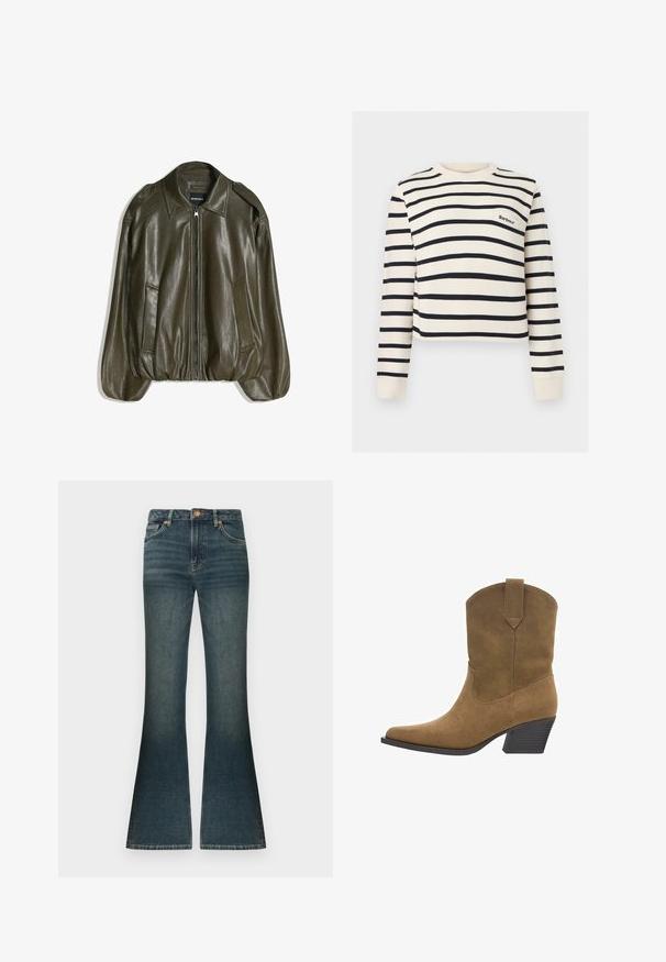 Veste en similicuir vert olive avec fermeture éclair frontale, col, deux poches latérales et ourlet et poignets élastiqués.; Chemise blanche à manches longues avec des rayures horizontales noires et une petite poche poitrine brodée du logo "Barbour".; Jean flare en denim bleu foncé avec un léger décoloré subtil, taille standard et un design classique à cinq poches. Accents en métal cuivré.; Botte cowboy mi-mollet en daim marron avec bout pointu, languette de tirage et talon bloc empilé sur fond blanc.