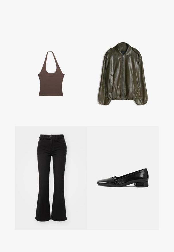 Veste en similicuir vert olive avec fermeture éclair frontale, col, deux poches latérales et ourlet et poignets élastiqués.; Haut marron sans manches à col licou avec un profond décolleté en U et une taille cintrée, présenté sur un fond blanc.; Jean flare noir à taille haute, fabriqué en denim. Comprend des poches avant, une fermeture à bouton et une texture lisse.; Ballet flats en cuir verni noir avec un bout pointu, un petit talon carré et un détail de boucle métallique sur la sangle. Texture lisse.