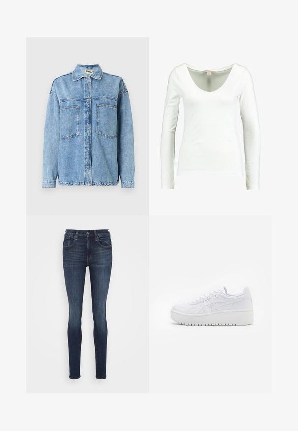 Hellblaue Jeansjacke mit langen Ärmeln, Knopfverschluss, zwei Fronttaschen und klassischem Kragen. Mit sichtbaren Nahtdetails.; Weißes langärmliges Oberteil mit tiefem V-Ausschnitt. Hergestellt aus weichem Stoff, mit einer figurbetonten Silhouette und glatter Textur. Keine Muster oder Akzente.; Dunkelblaue Slim-Fit-Jeans aus Denim, mit fünf Taschen, einem Knopfverschluss und dezentem Verblassen entlang der Oberschenkel.; Weiße Plattform-Sneaker aus glattem Leder mit perforierten Details und flachen Schnürsenkeln; ausgestattet mit einer dicken weißen Gummisohle.