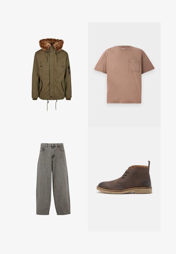 Parka olive avec capuche en fausse fourrure. Comprend des poches avant, une poche zippée sur la manche, une taille réglable avec cordon et des poignets côtelés.; T-shirt à manches courtes et col rond en coton marron clair, avec une poche poitrine unique et une texture subtile. Coupe droite avec des bords nets.; Pantalon en denim gris avec taille haute, jambes larges, design classique à cinq poches et fermeture à bouton à l'avant. Fini légèrement texturé.; Bottine en cuir marron à bout rond, avec un laçage et une semelle en caoutchouc crème. Dispose d'une languette à l'arrière.