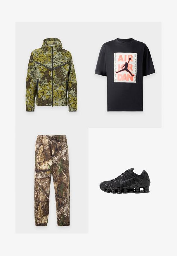 Jakke med blomsterprint i grøn og brun. Har lynlås foran, hætte og sidelommer med lynlås. Letvægts, tekstureret stof med kontrastdetaljer.; Sort bomulds T-shirt med et stort grafisk print af en springende silhuet og ordene "AIR JORDAN" i hvidt og koralfarvet.; Camo sweatpants med et brunt og grønt naturligt mønster, der har en elastisk talje med snore og elastiske manchetter ved anklerne.; Sorte atletikskoser lavet af mesh og syntetiske materialer, med et karakteristisk bølget design, sort gummisål og reflekterende detaljer.