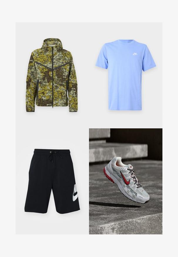 Jakke med blomsterprint i grøn og brun. Har lynlås foran, hætte og sidelommer med lynlås. Letvægts, tekstureret stof med kontrastdetaljer.; Lyseblå bomulds T-shirt med korte ærmer, rund halsudskæring og et lille hvidt Nike-logo på venstre bryst. Glat tekstur, afslappet design.; Sorte bomuldsshorts med drapering i taljen, sidelommer og stort hvidt Nike-logo trykt på venstre lår. Klassisk atletisk design.; Hvid og grå Nike løbesko med røde accenter og sorte snørebånd, ophængt over grå beton-trin.