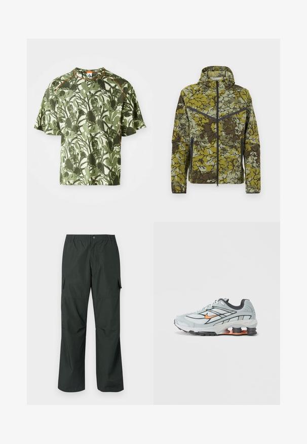 Jakke med blomsterprint i grøn og brun. Har lynlås foran, hætte og sidelommer med lynlås. Letvægts, tekstureret stof med kontrastdetaljer.; Grøn kortærmet t-shirt med et struktureret bladmønster, der har en orange detalje ved kraven og en afslappet pasform. Lavet af åndbart materiale.; Mørkegrøn cargo bukser med en afslappet pasform, elastisk talje, sydde lommer og en glat, let stofstruktur.; Lyst grå løbesko med sorte detaljer, orange logo, mesh-overdel, polstret krave og gummisål med synlige stødabsorberende enheder.