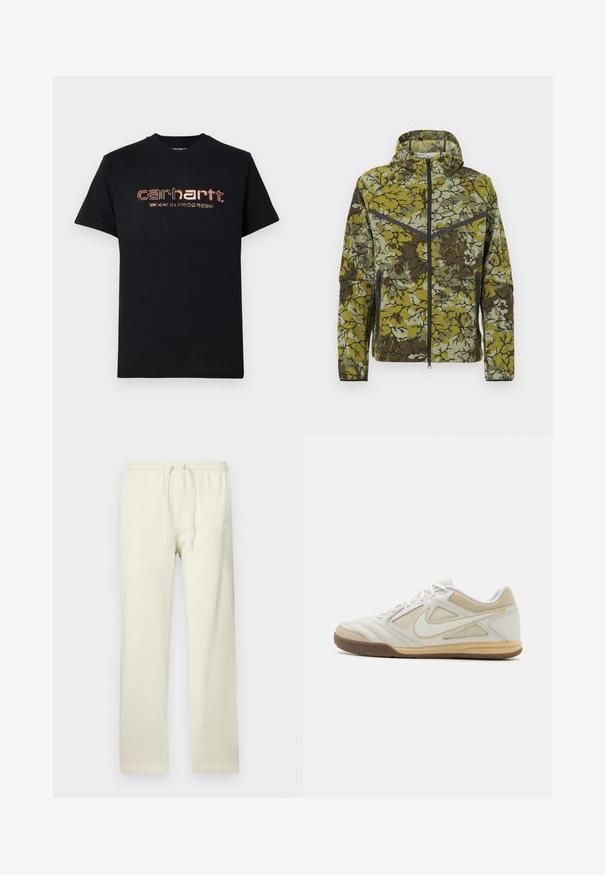 Veste à motif floral en vert et marron. Elle comporte une fermeture éclair à l'avant, une capuche et des poches latérales zippées. Tissu léger et texturé avec des accents contrastants.; T-shirt noir à manches courtes avec logo métallique cuivre « Carhartt WORK IN PROGRESS » centré sur la poitrine.; Pantalon de survêtement beige clair avec taille à cordon, fabriqué en matériau doux. Présente un logo Nike discret en blanc sur la cuisse gauche.; Chaussure de sport blanche avec une tige texturée, accents gris, design à lacets et semelle en caoutchouc beige. Présente un logo distinctif sur le côté.