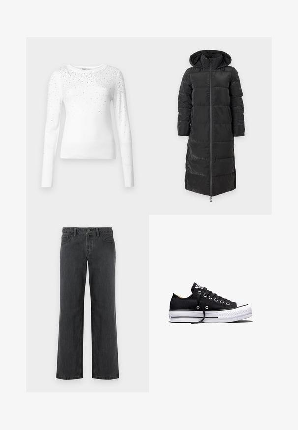Manteau matelassé noir long avec capuche, présentant des compartiments matelassés, une fermeture éclair frontale complète et des poches latérales. Tissu extérieur lisse et brillant.; ONLY Knitted ONLSOLITA Knitted - Pullover - cloud dancer; Jeans gris foncé à jambes larges en denim, avec une ceinture standard, cinq poches et une fermeture à bouton. Texture lisse et coutures uniformes.; Baskets basses en toile noire avec semelle plateforme en caoutchouc blanche, lacets noirs et œillets métalliques sur fond blanc.