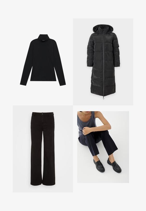 Lange zwarte gewatteerde jas met een capuchon, voorzien van doorgestikte compartimenten, een volledige rits aan de voorkant en zijzakken. Gladde, glanzende buitenstof.; Zwarte langetermijn turtleneck. Zachte stof, getailleerd design, hoge kraag en zijnaad. Eenvoudige en veelzijdige stijl die geschikt is voor het laagjes dragen.; American Eagle BAGGY WIDE LEG - Wide leg - black wash; Zwarte leren loafers met textuurelementen, lage hak, ronde neus en zichtbare stiksels. Model draagt donkere broek en een grijze top.