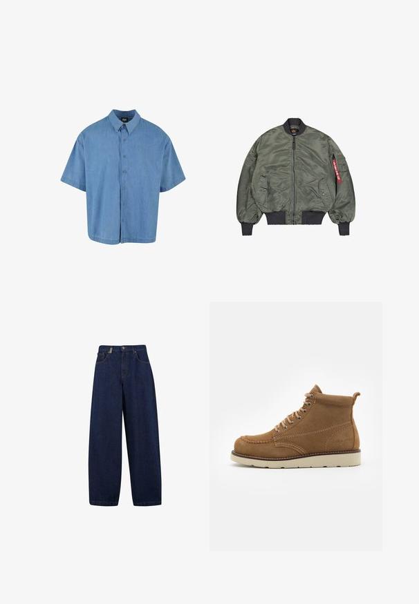 Bommerjakke i olivengrøn, skinnende nylonmateriale. Har ribbede manchetter og kant, lynlås foran, to sidelommer, og en rød label på ærmet.; Lyseblå kortærmet skjorte med knapper lavet af denim. Har en klassisk krave og seks knaplukninger foran.; Løse, mørkeblå denimjeans med høj talje, frontlommer og lige ben. Inkluderer sølvfarvet hardware og minimal syning.; Brune ruskindsankelstøvler med rund tå, snørebånd foran og en beige gummisål, der har subtile syninger og en løkke bagpå.