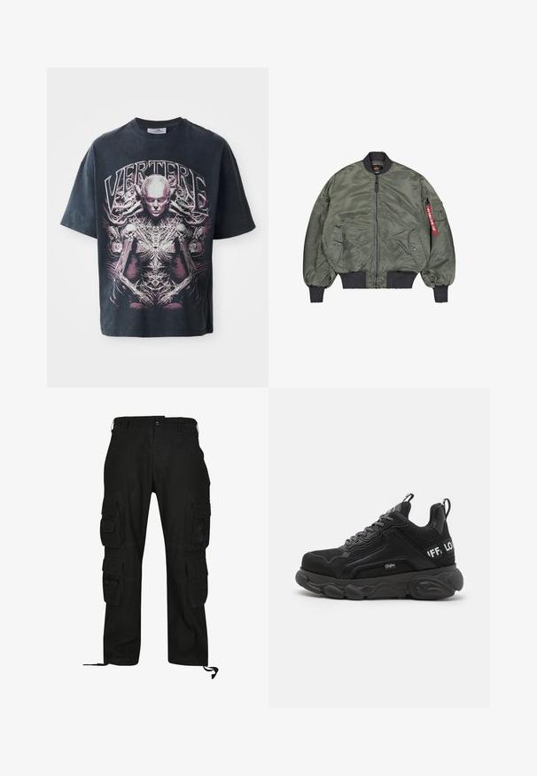 Chaqueta bomber en verde olivo, material de nylon brillante. Cuenta con puños y dobladillo acanalados, cierre frontal de cremallera, dos bolsillos laterales y una etiqueta roja en la manga.; Camiseta gráfica negra de algodón, con un gran diseño en rosa y blanco de una figura humanoide con detalles intrincados y el texto "VERTERE."; Pantalones cargo negros hechos de tela duradera, con múltiples bolsillos laterales, un ajuste relajado y correas ajustables en los tobillos.; Zapatillas negras con suela gruesa, parte superior de malla y ante, diseño de cordones y acentos de logo. Detalles texturizados en los lados y la parte posterior.