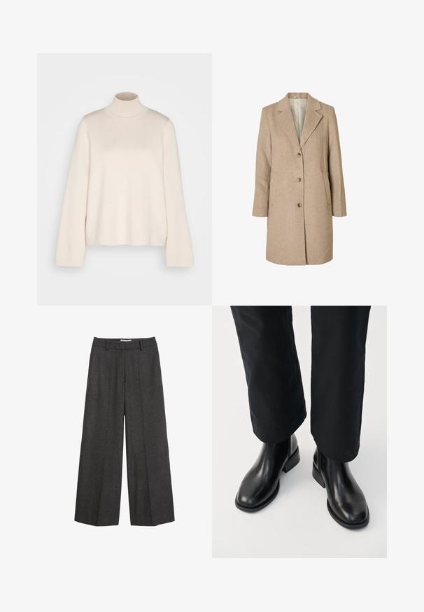 Beige uldblandet frakke med klapkrave, tre frontknapper og sidelommer. Har et glat inderfor og lige snit.; Cremefarvet højhalset sweater med lange ærmer, lavet af blødt strikket stof. Har en tætsiddende krave og en afslappet silhuet. Ingen synlige mønstre eller detaljer.; Bredde bukser i mørkegrå stof. Har en skræddersyet talje med bæltesløjfer, glat tekstur og minimale syninger som detaljer.; Sorte læder chelsea støvler med en glat tekstur, rund tå og en lav blokhæl, parret med sorte bukser.