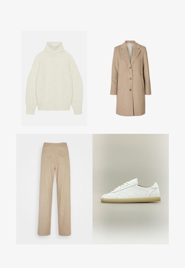 Beige uldblandet frakke med klapkrave, tre frontknapper og sidelommer. Har et glat inderfor og lige snit.; Rullekrave sweater i creme, lavet af blødt strikket materiale. Har en afslappet pasform, raglanærmer samt ribbede ærmer og kant.; Calvin Klein TAILORED STRAIGHT PANT - Bukser - cinder; Hvid lavtop lædersneaker med beige sål, snøredesign og subtile syede mønstre på neutral baggrund.