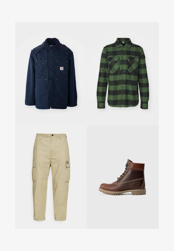 Chaquetón aislante de color azul marino con botón al frente, dos bolsillos en el pecho y un diseño acolchado en los hombros. Fabricado con tejido resistente.; Camisa de franela a cuadros verde y negra con dos bolsillos en el pecho, cierre de botones, mangas largas y cuello puntiagudo. Textura suave.; Pantalones cargo beige hechos de una tela duradera, con dos bolsillos laterales, cierre de botón y piernas ajustadas con una textura suave.; Botín de cuero marrón con cordones, cuello acolchado, costuras en contraste y suela resistente, mostrado desde el lado exterior sobre un fondo blanco.