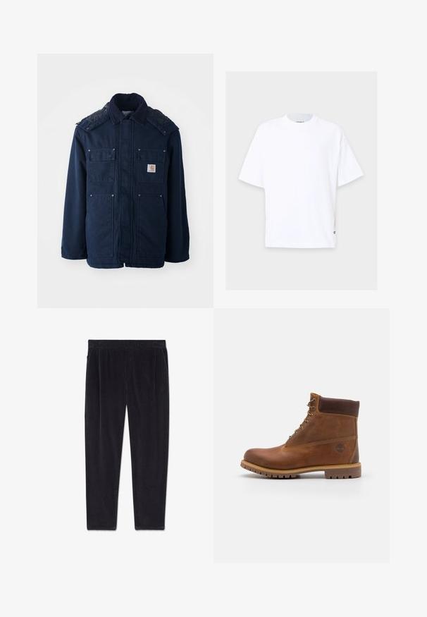 Veste isolée bleu marine avec un devant à boutons, deux poches poitrine et un design matelassé sur les épaules. Fabriquée en tissu solide.; T-shirt blanc à manches courtes avec col rond, coupe droite et petite étiquette noire près de l'ourlet inférieur sur un fond clair.; Pantalon en velours côtelé noir avec une ceinture élastique et des poches latérales, présenté à plat sur un fond blanc.; Botte de randonnée en cuir marron avec une finition lisse, cheville rembourrée, œillets en métal et semelle en caoutchouc dotée d'un motif de crampons robuste.