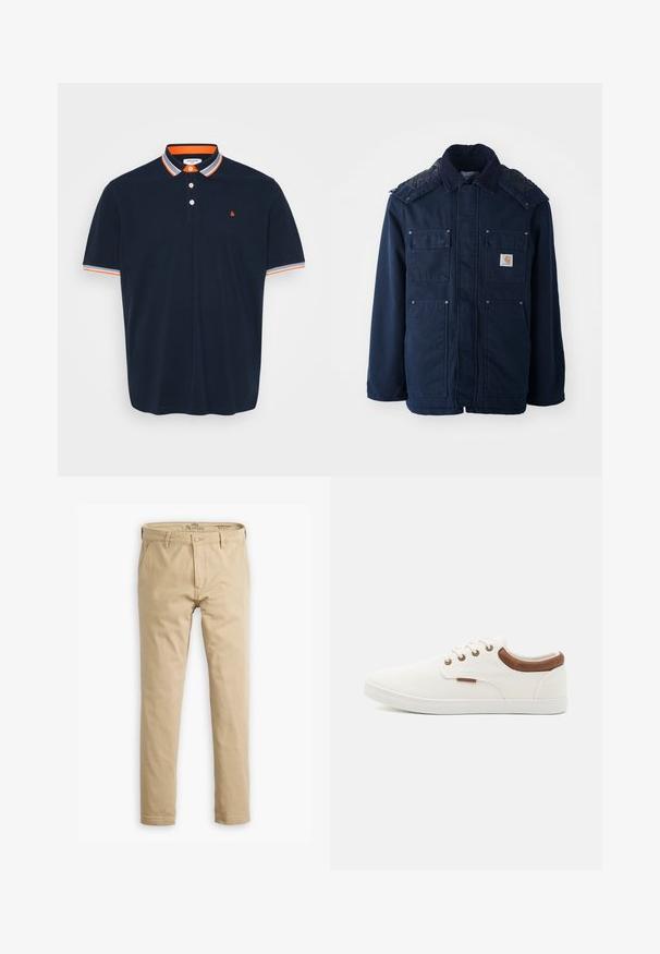 Mørkeblå isoleret jakke med knaplukning foran, to brystlommer og en quiltet skulderdesign. Fremstillet af robust stof.; Marineblå polo T-shirt i bomuld med krave, der har orange og grå striber, tre-knaps knaplukning og lille broderet logo på brystet.; Beige chinos lavet af bomuld med en lige ben design. Har en frontknaplukning, bæltestropper og sidelommer. Glat tekstur.; Hvide lærreds sneakers med en glat overflade, brune læderdetaljer ved hælen og fem metaløjer til snørebånd. Har en flad gummisål.