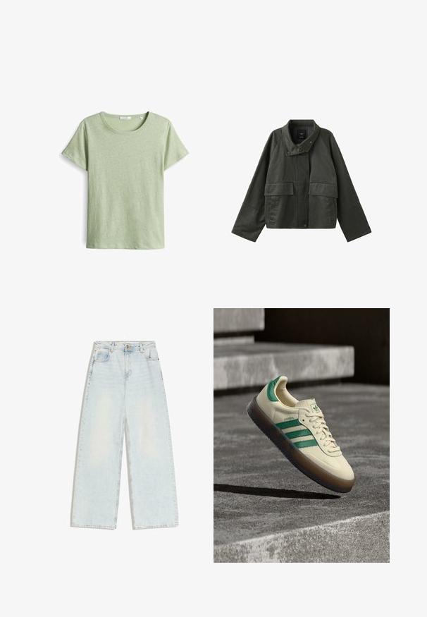 Dunkelgrüne kurze Jacke mit weiten Ärmeln, hohem Kragen, vorderen Druckknöpfen und zwei großen Klappentaschen vorne.; Grünes Kurzarm-T-Shirt aus strukturiertem Stoff, mit einem runden Ausschnitt und geradem Schnitt. Einfaches Design ohne zusätzliche Muster.; Hellblaue Jeans mit weitem Bein, fünf Taschen, Gürtelschlaufen und einem Knopfverschluss an der vorderen Bundkante.; Sneaker in Cremefarbe mit grünen Akzenten, drei grünen Streifen, strukturiertem Gummisohle und klassischem Schnürdesign. "Samba"-Logo an der Seite.