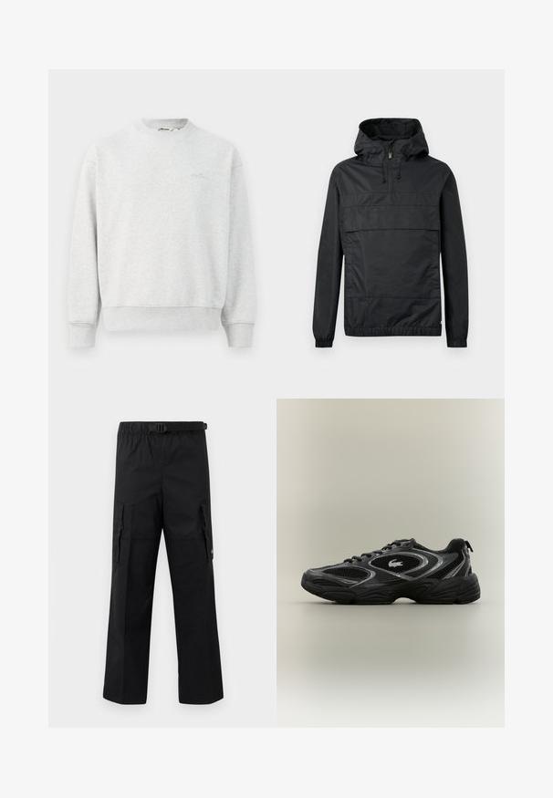 Veste à capuche noire en pull avec des poignets élastiques, une poche avant et une fermeture éclair mi-hauteur. Fabriquée dans un matériau léger et résistant à l'eau.; Sweat-shirt gris à col rond, avec des poignets et un ourlet côtelés. Fabriqué en tissu doux, avec un petit logo sur la poitrine.; Pantalons cargo noirs avec une coupe large, une taille ajustable avec une boucle et deux poches latérales pour le rangement. Tissu léger.; Baskets de sport noires et grises avec des panneaux en mesh, un design à lacets, une semelle épaisse et un petit logo de crocodile sur le côté.