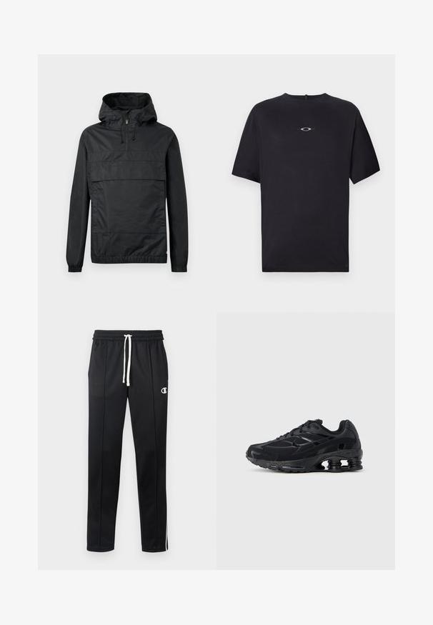 Sort pullover-jakke med hætte, elastiske manchetter, en frontlomme og halv-lynlås. Lavet af letvægts, vandafvisende materiale.; Oakley STACKED TEE - T-shirts print - blackout; Sorte atletiske bukser med hvid snor, sidelister, frontlommer og et lille hvidt Champion-logo på venstre lår.; Sort atletiksko med mesh-overdel, polstret krave og markant støddæmpningsteknologi ved hælen. Har teksturerede detaljer og snørebånd.