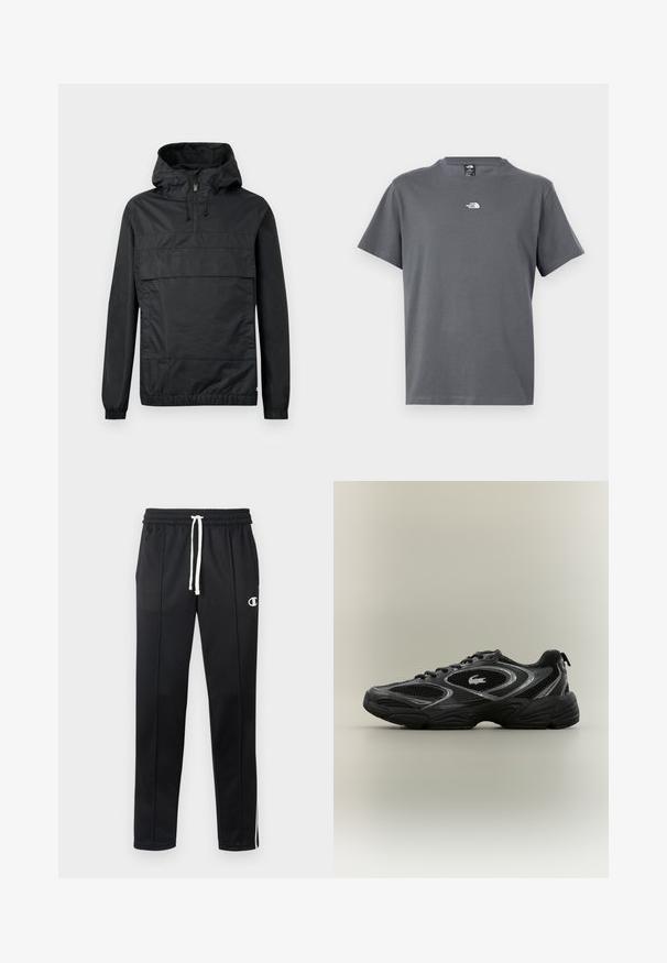 Zwart pullover jack met capuchon, elastische manchetten, een voorzak en een halve rits. Gemaakt van lichtgewicht, waterafstotend materiaal.; Grijs T-shirt met korte mouwen en ronde hals, met een klein wit The North Face-logo gecentreerd op de borst.; Zwarte sportbroek met witte trekkoord, zijstrepen, voorzakken en een klein wit Champion-logo op de linkerdij.; Zwarte en grijze sport sneaker met meshpanelen, vetersluiting, dikke zool en een klein krokodillologo aan de zijkant.